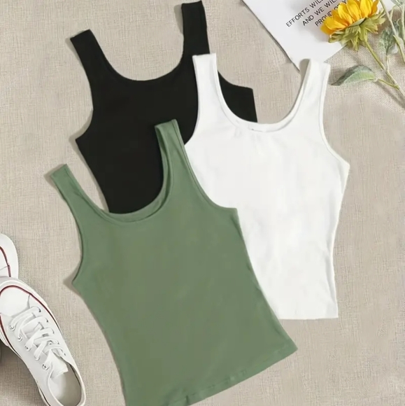 3Pc, Large (8-10) Polyester Tank Tops, White, Black and Green NWOT - Picture 2 of 5